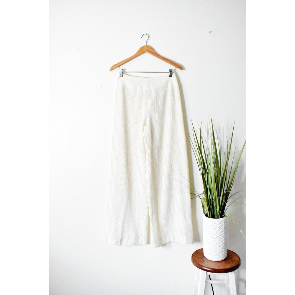 Vintage 70s Wide Leg Pants Womens 12 Cream Pleated High Waist Disco Trousers